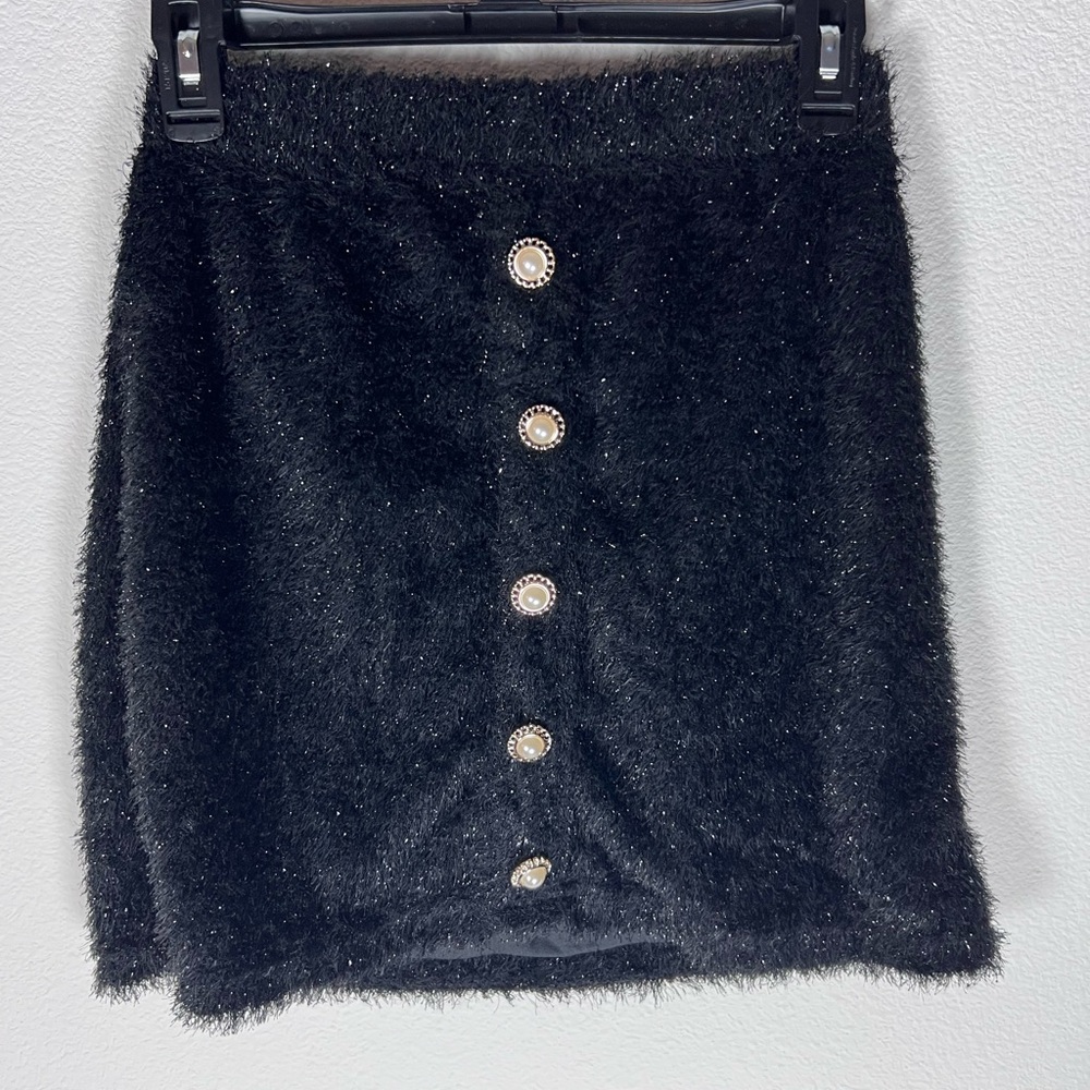 Elegant Black Fuzzy Skirt with Buttons Embellishments size S